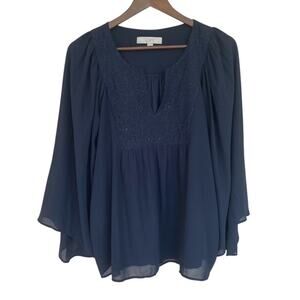 LOFT Navy Blue Floral Embroidered Design Sheer Blouse - Large